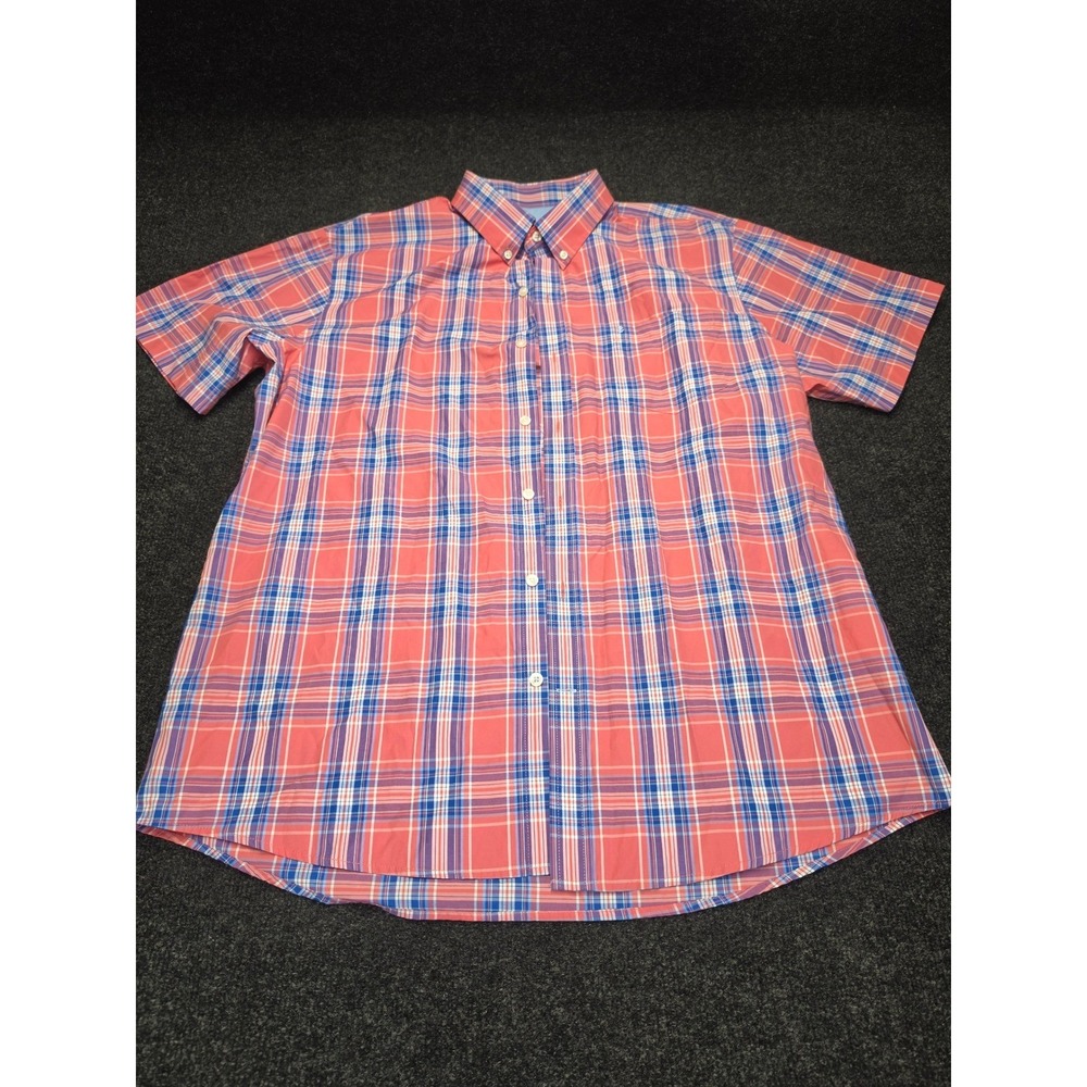 IZOD Mens XL Short Sleeve Button Down Shirt Coral Pink Blue Plaid Casual Top